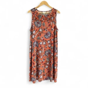 J Jill Sleeveless Shift Dress Size M Red Floral Print Rayon Jersey Knit Pockets - Picture 1 of 9