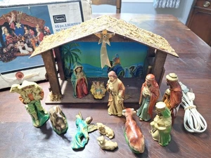 Vintage Sears 15 piece Nativity Set Hand Painted Paper Mache Musical Box Japan - Picture 1 of 16