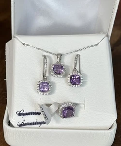 Sterling Silver AMETHYST & L-Cr. White Sapphire Halo Jewelry Set - Size 7 - $250 - Imagen 1 de 23