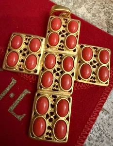 KJL Kenneth Jay Lane goldfarbener Kreuz Anhänger mit tieforangen Cabochons 3306 - Bild 1 von 6