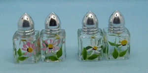 Individual Salt Pepper Shakers Glass Hand Painted Set Of 4 Square Floral 2" Tall - Picture 1 of 8