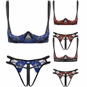 Damen Spitze Dessous Set brustfreies BH und Ouvert-String Tanga Unterwäsche Sexy - Bild 1 von 25