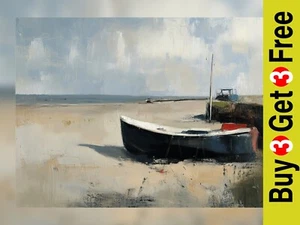 Beached Fishing Boat 5"x7" Print on Matte Paper | Coastal Tranquility in Oil - Picture 1 of 7