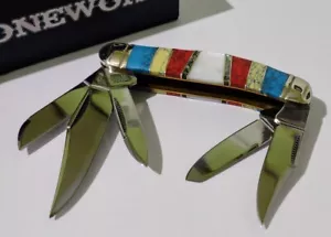 5 BLADE M.O.P. ABALONE TURQUOISE STONEWORX HUNTING POCKET KNIFE W/ DIS CASE !!! - Picture 1 of 7