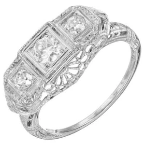 Antique Art Deco Filigree 3 Stone Diamond Ring .48ct 18k White Gold - Picture 1 of 7