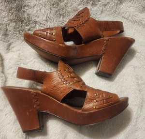 Frye Boots Cognac Woven Leather Platform Sandals Peep Toe Women’s Size 10B - Picture 1 of 22