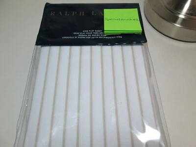 Ralph Lauren Prescot Stripe King Flat Sheet ~ (Taupe) Vintage Silver  and White  - Image 1 of 4
