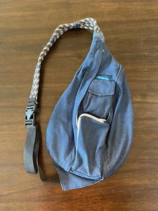 kavu Denim Rope Sling Bag Crossbody Blue Embroidered Pocket Granola Outdoor - Picture 1 of 8