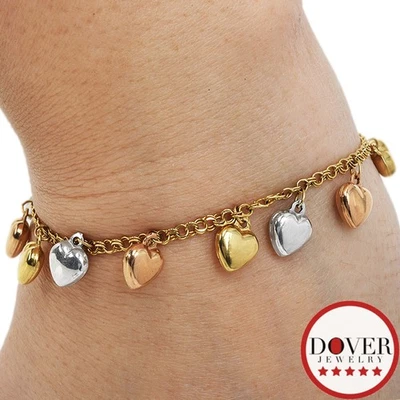 Estate 14K Yellow Gold Tri Tone 6.75" Heart Chain Charm Bracelet 6.8 Grams NR - Image 1 of 4