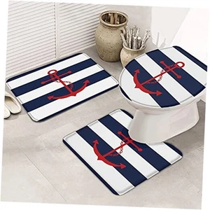Bath Mat 3 Piece Navy Bathroom Rug Set, Nautical Rugs Non Slip Contour and - Picture 1 of 8