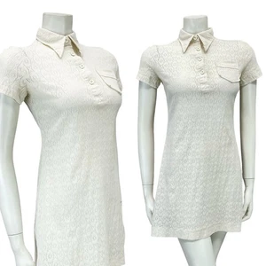 VINTAGE 60ER JAHRE CREME SPITZE DOLCHKRAGEN MOD GOGO BOHO MINI SHIRT KLEID XS 6 - Bild 1 von 11