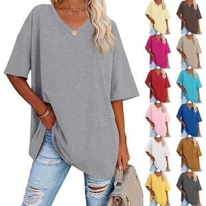 UK Womens V Neck Blouse Summer Casual Baggy Pullover T-shirts Tee Tops Plus Size - Picture 1 of 43