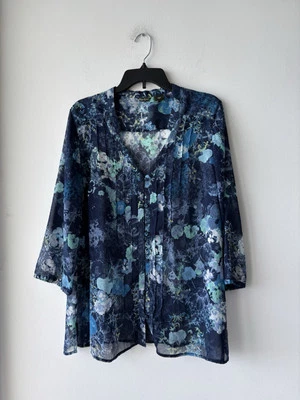 Blusa Eddie Bauer Abotonada Azul Floral Gasa Transparente Cuello en V Plisada Mujeres XL Foto 1 de 4