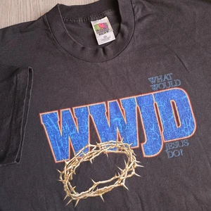 Vintage 90s WWJD What Would Jesus Do Crown of Thorns T Shirt Black Size 2XL  - Picture 1 of 6