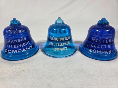 Three Bell Telephone Company Glass Blue Bell Paperweights Peacock Blue - Image 1 of 3