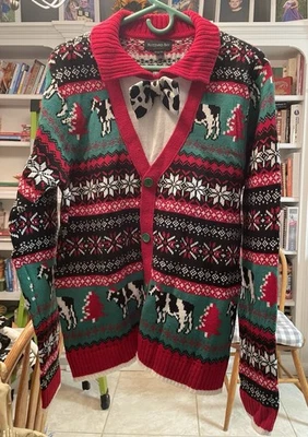 Blizzard Bay Mens Fair Isle Cow Ugly Christmas Sweater Bow Tie Pull Over LARGE - Image 1 of 4