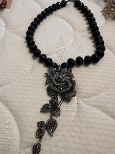 VTG 20” FACETED BLACK GLASS BEADED NECKLACE W/ 5” RHINESTONE PENDANT- Jewelry - Picture 1 of 5