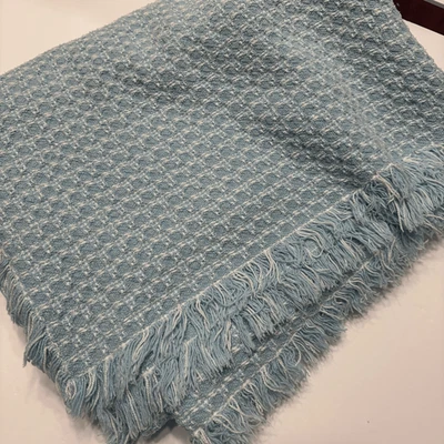 Vintage Homespun Fringed Tablecloth Blue White Rectangular Tablecloth 60" x 42" - Image 1 of 4