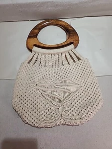 NEW NOS Vintage 1970s Handmade Macrame Purse Pocketbook Bag Wooden Handles MCM - Picture 1 of 8