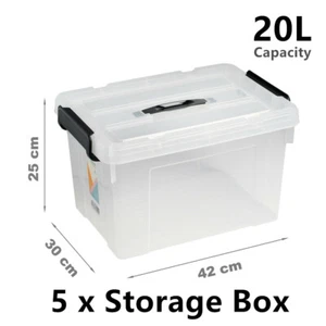 5x Clip Lock Storage Box Organiser 20L Plastic Container Bin Tub Crate Small - Picture 1 of 4