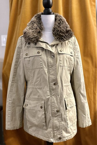 Cappotto donna Michael Kors nuovo senza etichette con collo pelliccia sintetica staccabile trapuntato marrone neutro M