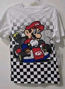 NWT Mario Kart Boy Shirt White Checkered Graphic Short Sleeve Sz L 10/12 Gaming - Picture 1 of 5