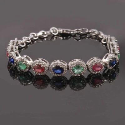 Solid 925 Silber Rubin Smaragd Saphir Ovaler Edelstein Tennis Partyarmband - Bild 1 von 4