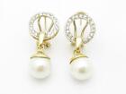 14k Yellow Gold Diamond &amp; Pearls French Back Halo Stud Dangle Drop Earrings