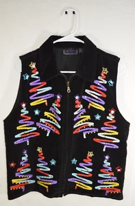 Life Style Sequin Ribbon Christmas Tree Black Velvet Zip Up Vest Med T54 - Picture 1 of 4