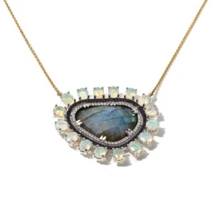 Womens Unique Labradorite & Opal Sterling Silver Necklace, Goldtone, New - Picture 1 of 4