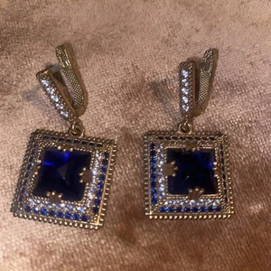 TURKISH SIMULATED Sapphire .925 SILVER & BRONZE EARRINGS Square Drop - Picture 1 of 6