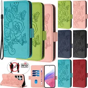 Pretty Embossed Leather Phone Case for Samsung S25 S24 S23 S22 Wallet Flip Cover - Picture 1 of 96