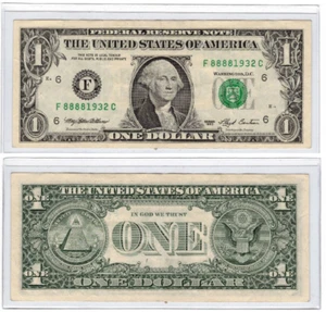 $1 1993 Dollar Bill F 88881932 C 4-in-a-row Inner ( Rep: Power Strength Healing) - Picture 1 of 1