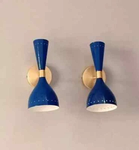 Pair 1950's Mid Century Italian Diabolo Blue Brass Wall Sconce Light Fixture - Picture 1 of 7