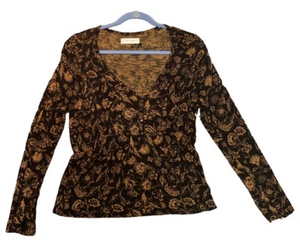 Lucky Brand Top Women’s XS Black Brown Long Sleeve Pullover Floral Button Front - Picture 1 of 7