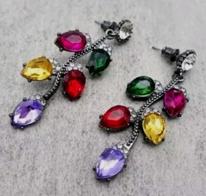 Earrings Christmas Pierced Jewel Tone Crystals Black Gunmetal Vine Leaf 2.5 Inch - Picture 1 of 3