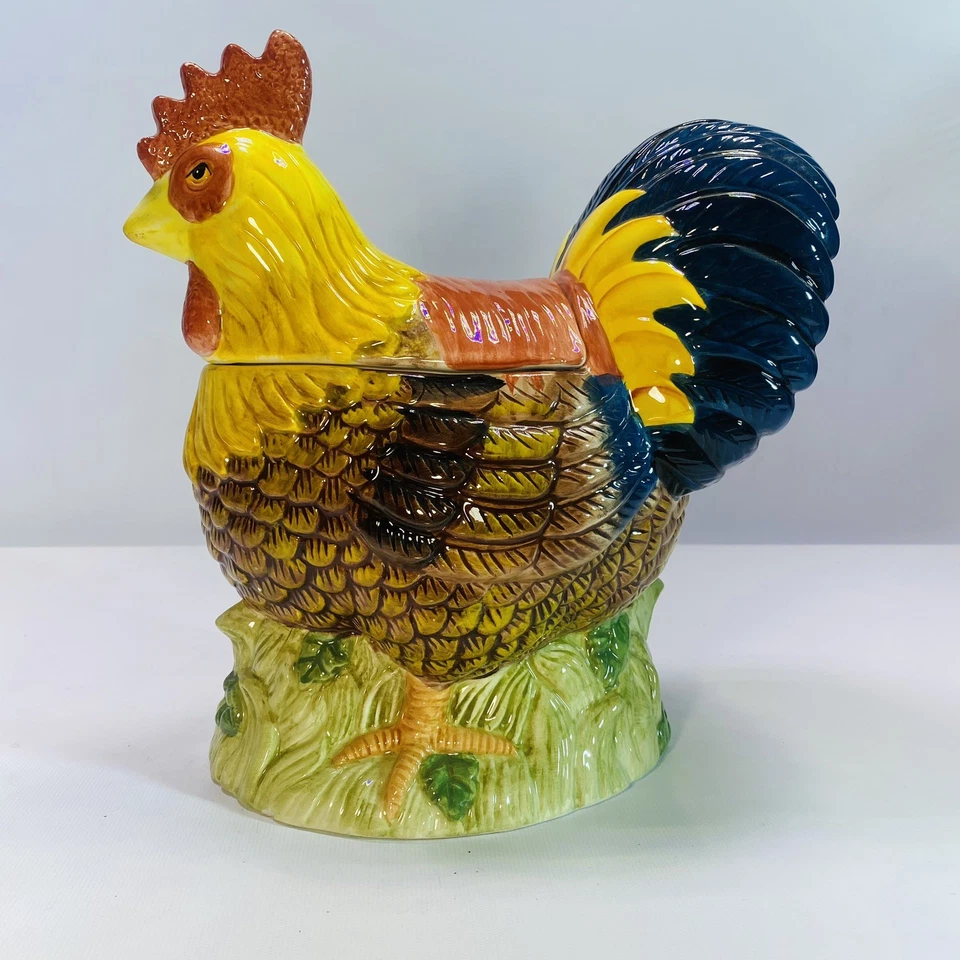 Tarro de galletas de pollo de gallo de colección otoño otoño colores amarillo azul acción de gracias Foto 1 de 4