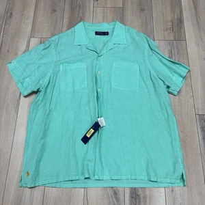 NUOVO Polo Ralph Lauren verde bottone Caldwell Camp colletto ad anello XXL seta lino nuovo con etichette - Foto 1 di 7