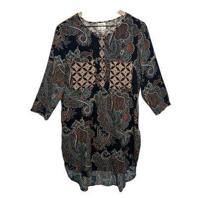 Top Anthropologie Fig & Flower Mujer Talla Mediana Negro Artístico Boho Túnica Floral Foto 1 de 4