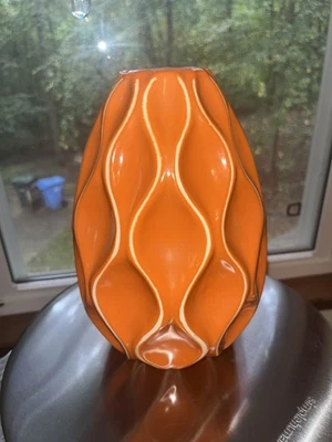 Contemporary Reeded Coastal Orange Ceramic Vase 9”in By Ashland Handsome! - Image 1 of 4