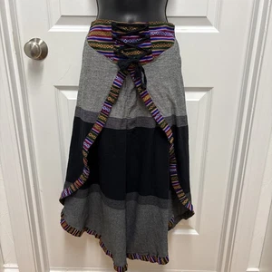 Boho Hippie Patchwork Wrap Skirt Gray Black Asymmetrical Hem Festival Gypsy - Picture 1 of 9