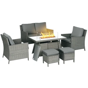 Outsunny Rattan Garden Furniture Sofa Set Armchairs Footstools Fire Pit Table - Picture 1 of 11