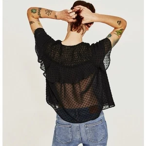 Blusa Top ZARA Negra Plumeti Transparente Volantes Manga Acampanada Usada en Excelente Condición Talla S - Imagen 1 de 6