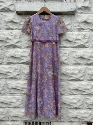 Vintage 1970’s Dress Feminino Roxo Floral Maxi Hippy Manga Curta Festa - Imagem 1 de 4