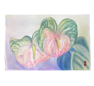 WATERCOLOR Anthurium Flowers Original Artist Unknown 1983 Unframed 22x15 4128 - Picture 1 of 9