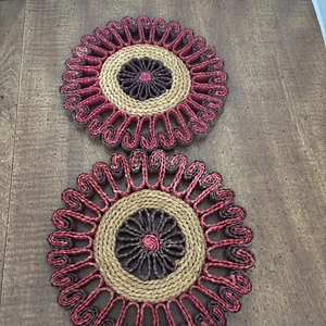 2er Set geflochtene Rattan Korb Warm Pads rot & lila 6,5" VINTAGE - Bild 1 von 5