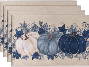Herbst Thanksgiving Tischsets 4er Set, 12x18 Zoll Blau Vintage Kürbis Ahornblatt - Bild 1 von 2