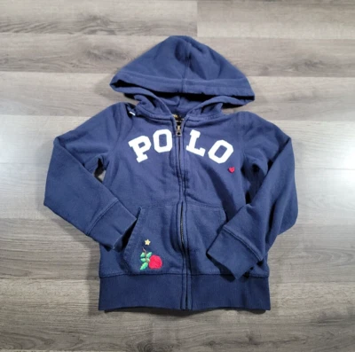 Polo Ralph Lauren Jacket Size 5 Blue Girls Embroidered Rose Hooded Fleece Warm - Image 1 of 4