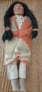 Vintage 14" Stuffed Body Wood Legs Mohair Braids Male Indian Skookum Doll - Picture 1 of 2