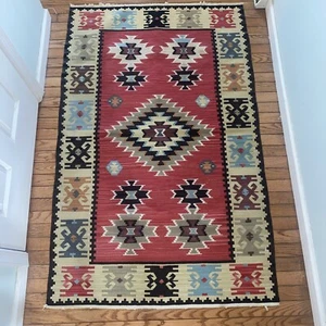 Vintage American Indian Navajo Tribal Kilim Rug Geometric 1950’s Carpet 38”x60”. - Picture 1 of 7
